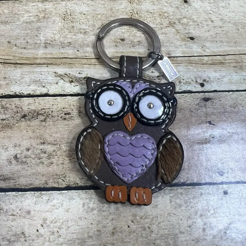 Coach Owl Animal Leather & Metal Key Chain Keyring Brown Purple Orange